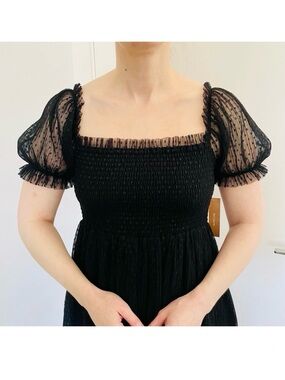 New! OPT Odi Dress Sheer Square Neck Smocked Midi